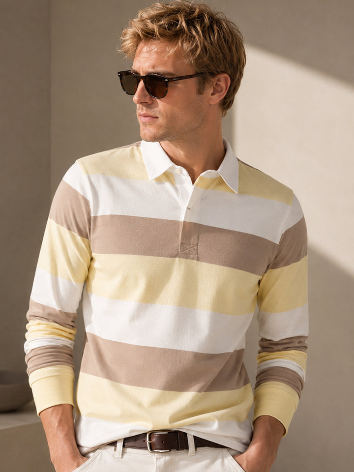 Men Yellow & White Striped Polo Collar Pure Cotton Stretch Pique Bio Finish Slim Fit T-shirt