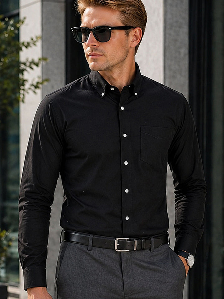 Men Black Pure Cotton Button Down Collar Slim Fit Casual Shirt