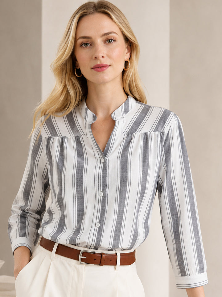 Hancock   Women   White & Grey   Stripes   Pure Cotton   Regular Fit   Formal   Shirt