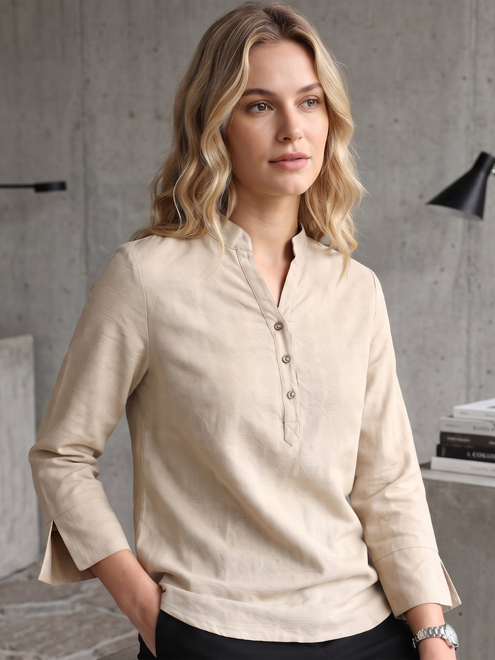 Hancock   Women   Beige   Solid Self Design   Pure Cotton   Regular Fit   Formal   Top