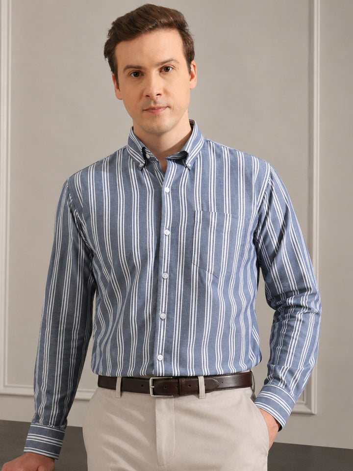 Hancock   Men   Blue & White   Stripes   Pure Cotton   Slim Fit   Formal   Shirt