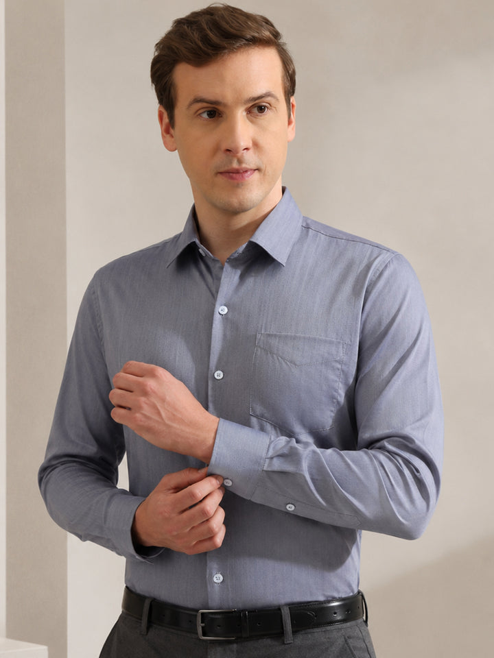 Hancock   Men   Blue   Solid Self Design   Cotton Elastane   Slim Fit   Formal   Shirt