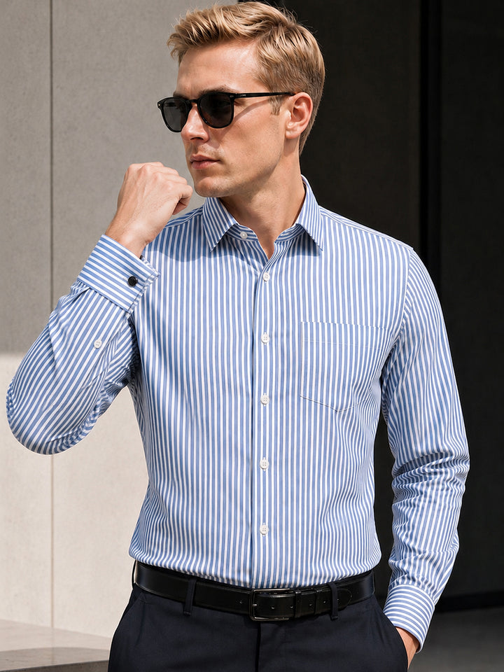 Hancock   Men   White & Blue   Stripes   Pure Cotton   Slim Fit   Formal   Shirt