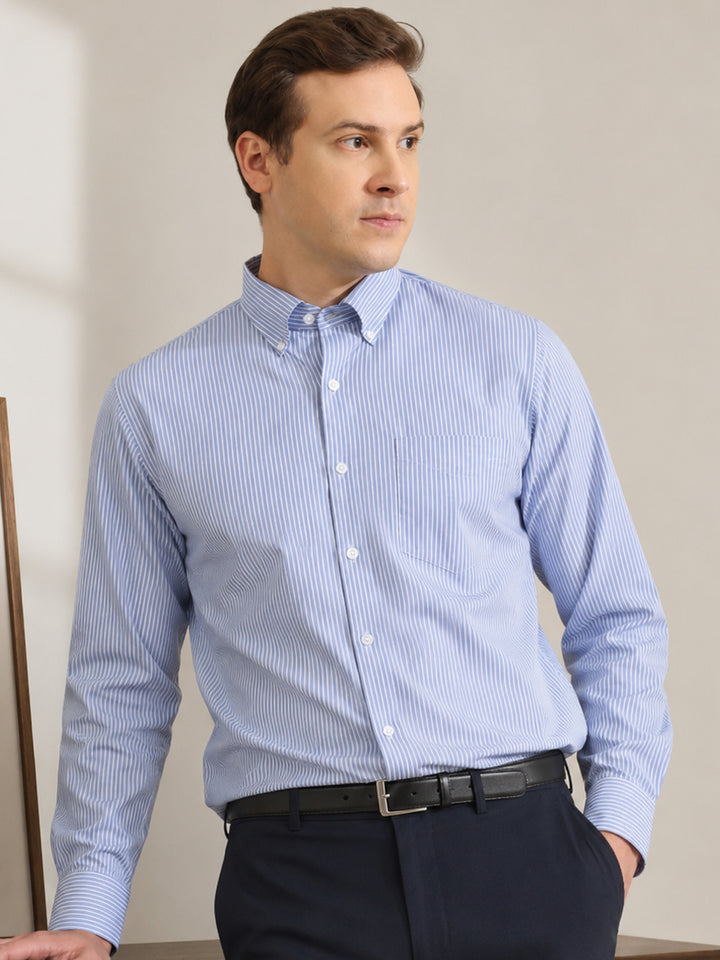 Hancock   Men   Blue & White   Stripes   Pure Cotton   Slim Fit   Formal   Shirt