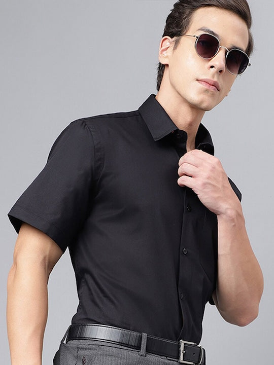 Men Black Solid Pure Cotton Slim Fit Formal Shirt