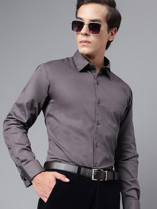 Men Dark Grey Solid Slim Fit French Cuff Pure Cotton Formal Shirt