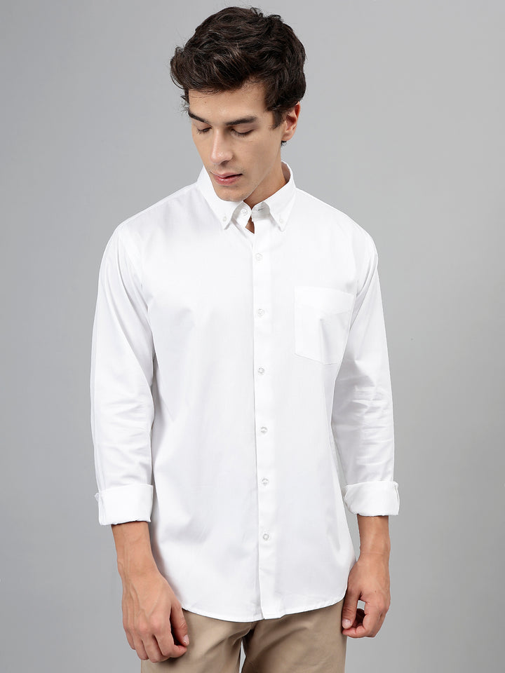 Men White Solid Pure Cotton Slim Fit Casual Shirt