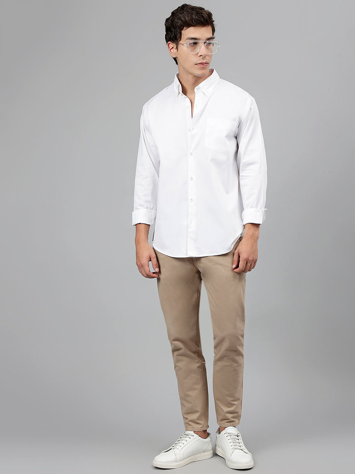 Men White Solid Pure Cotton Slim Fit Casual Shirt