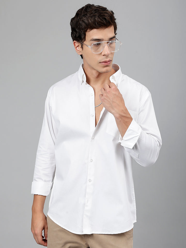 Men White Solid Pure Cotton Slim Fit Casual Shirt