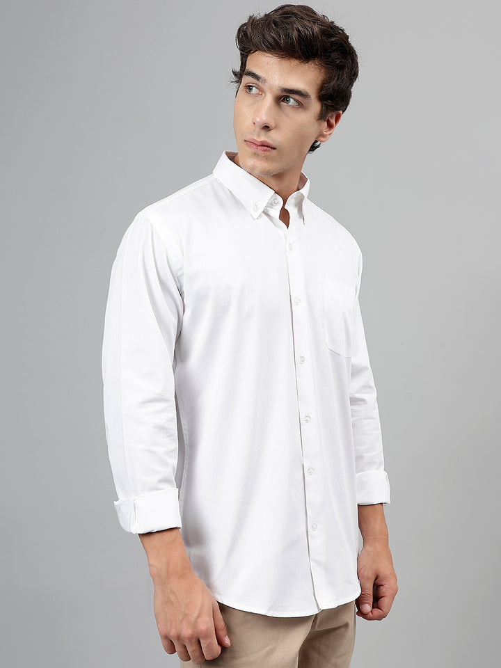 Men White Solid Pure Cotton Slim Fit Casual Shirt