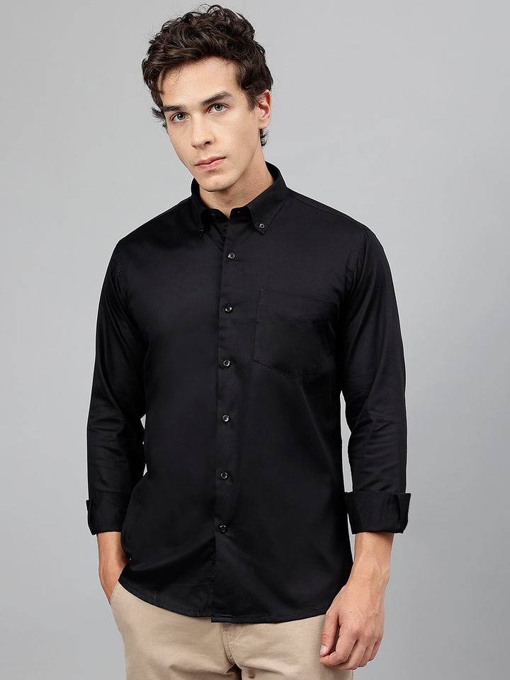 Men Black Solid Pure Cotton Slim Fit Casual Shirt