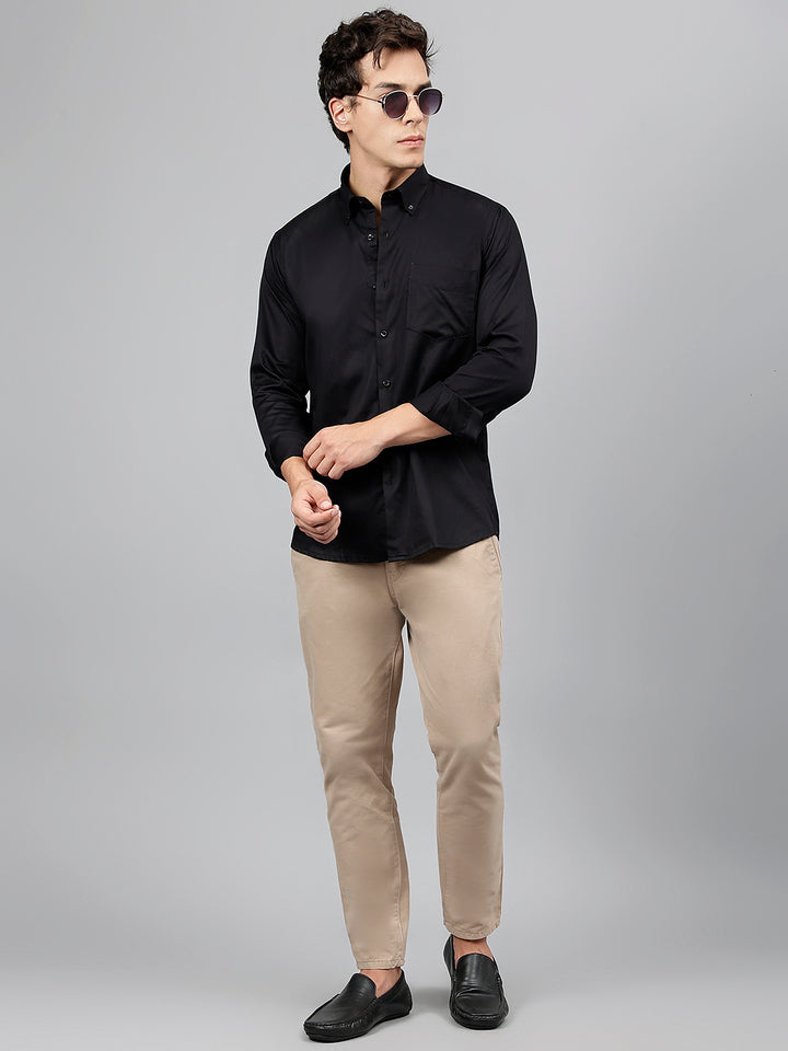 Men Black Solid Pure Cotton Slim Fit Casual Shirt