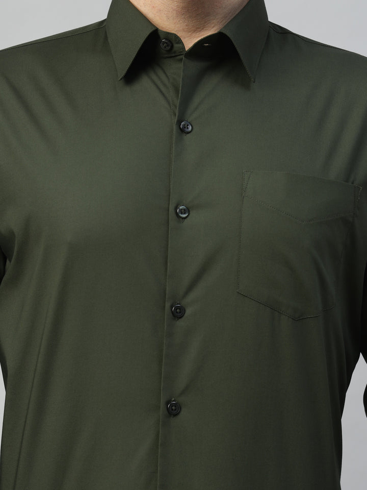 Hancock Men Olive Solid Cotton Elastene Slim Fit Formal Shirt