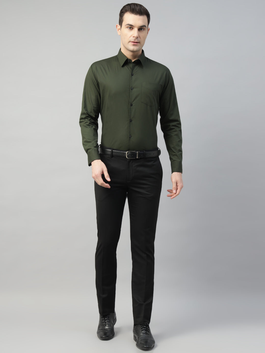 Hancock Men Olive Solid Cotton Elastene Slim Fit Formal Shirt
