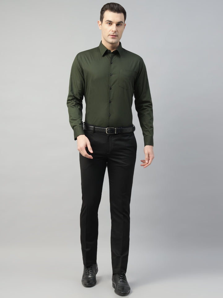 Hancock Men Olive Solid Cotton Elastene Slim Fit Formal Shirt