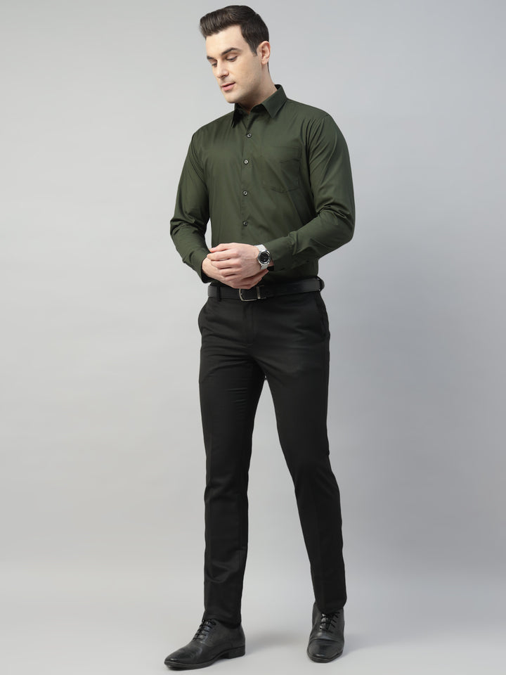 Hancock Men Olive Solid Cotton Elastene Slim Fit Formal Shirt