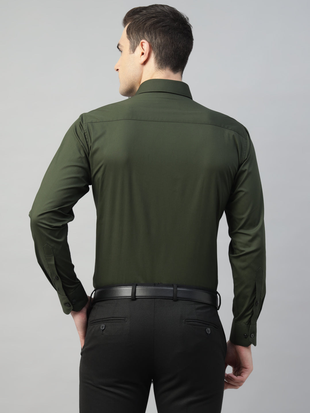 Hancock Men Olive Solid Cotton Elastene Slim Fit Formal Shirt