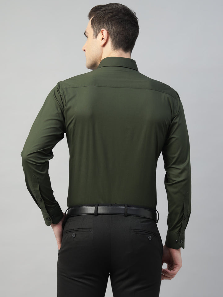 Hancock Men Olive Solid Cotton Elastene Slim Fit Formal Shirt
