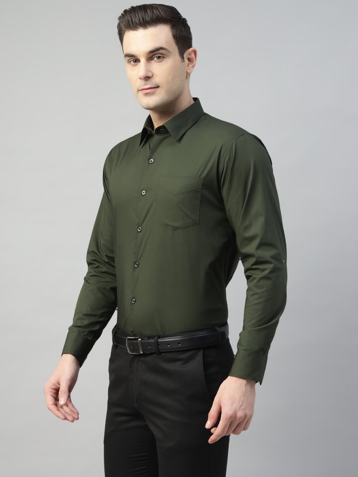 Hancock Men Olive Solid Cotton Elastene Slim Fit Formal Shirt