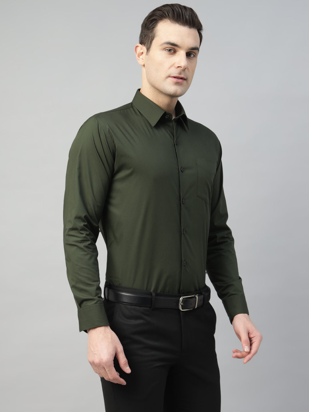 Hancock Men Olive Solid Cotton Elastene Slim Fit Formal Shirt