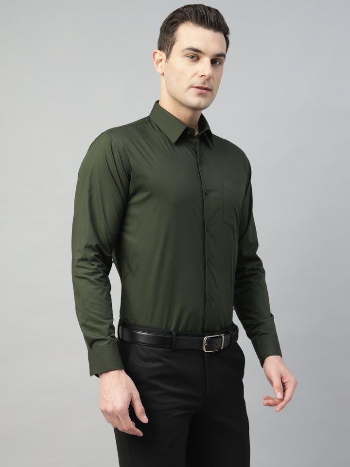 Hancock Men Olive Solid Cotton Elastene Slim Fit Formal Shirt