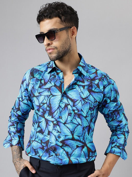 Men Blue Floral Printed Viscose Rayon Slim Fit Party Shirt