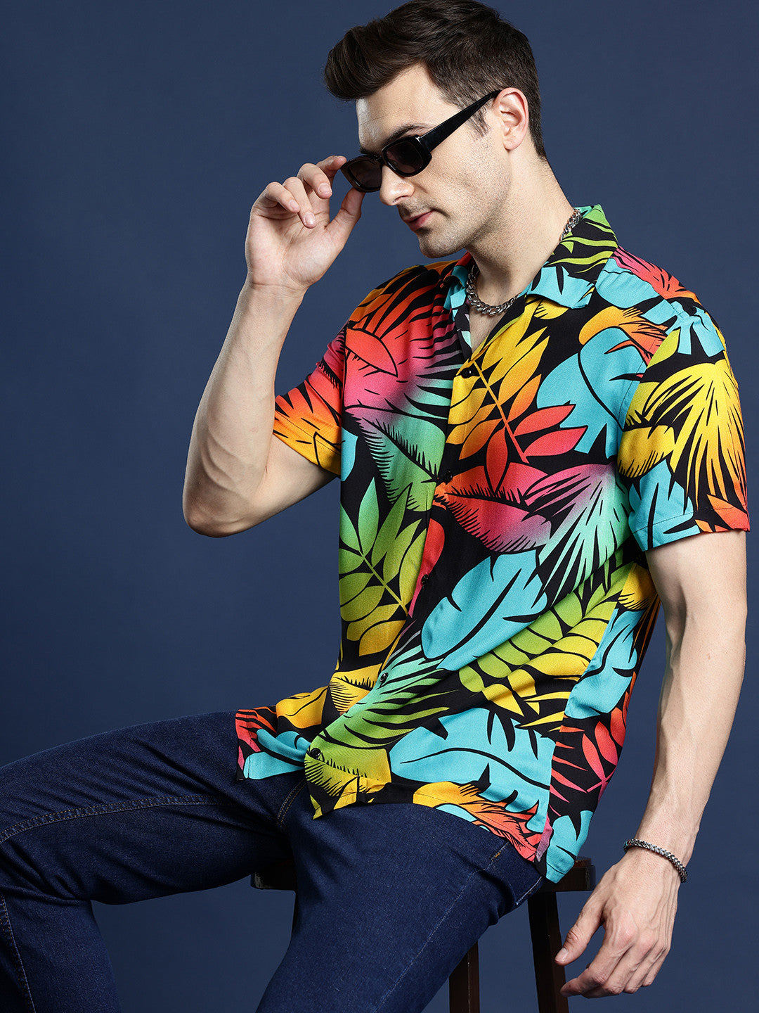 Hancock Men Black & Yellow Printed Viscose Rayon Relaxed Fit Casual Shirt