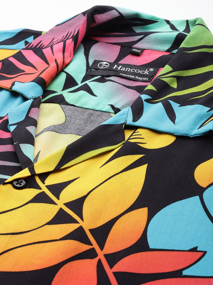 Hancock Men Black & Yellow Printed Viscose Rayon Relaxed Fit Casual Shirt