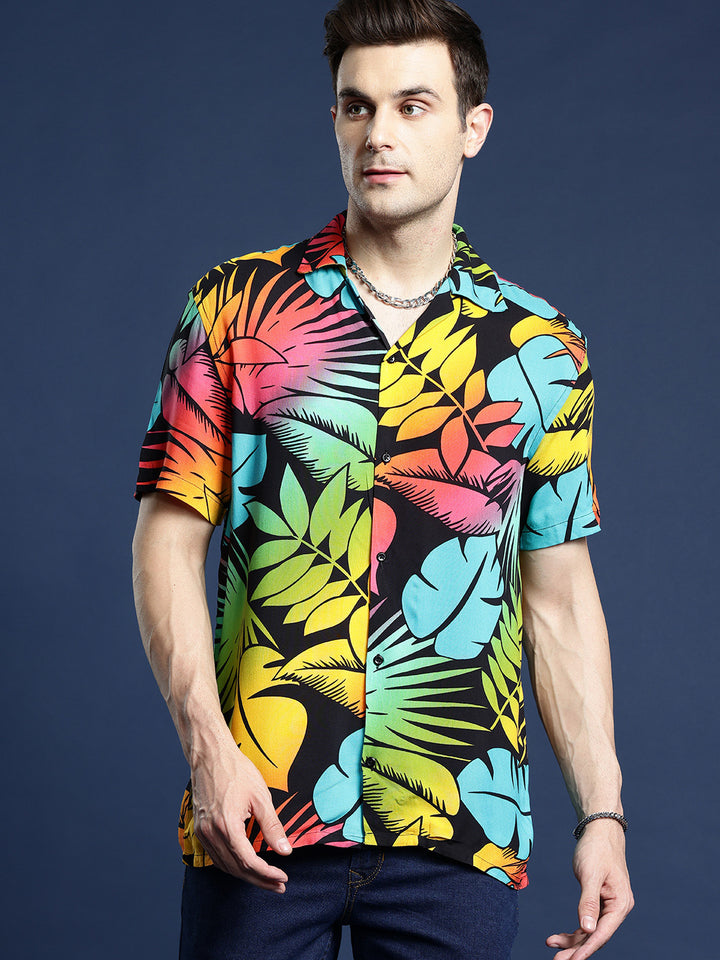 Hancock Men Black & Yellow Printed Viscose Rayon Relaxed Fit Casual Shirt