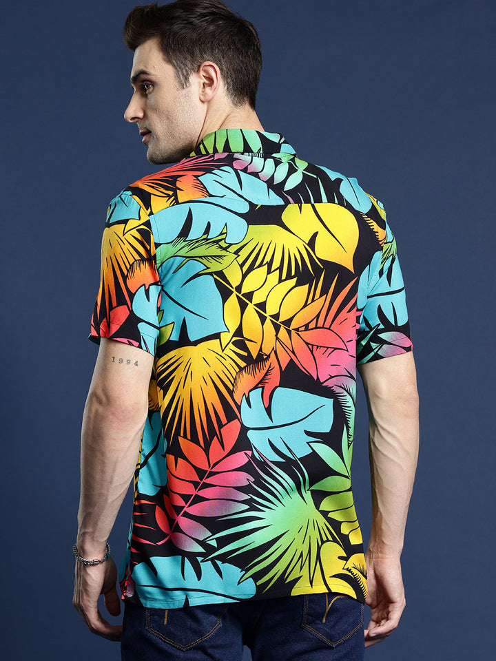 Hancock Men Black & Yellow Printed Viscose Rayon Relaxed Fit Casual Shirt