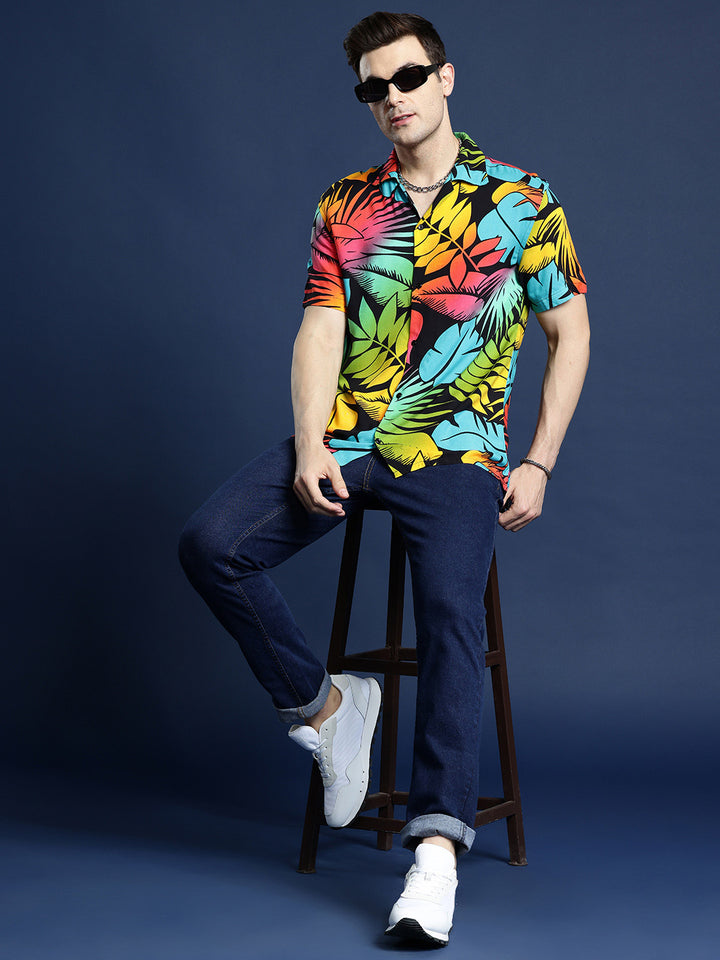 Hancock Men Black & Yellow Printed Viscose Rayon Relaxed Fit Casual Shirt