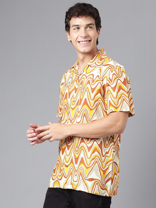 Men Cream & Mustard Abstract Print Viscose Rayon Regular Fit Casual Resort Shirt