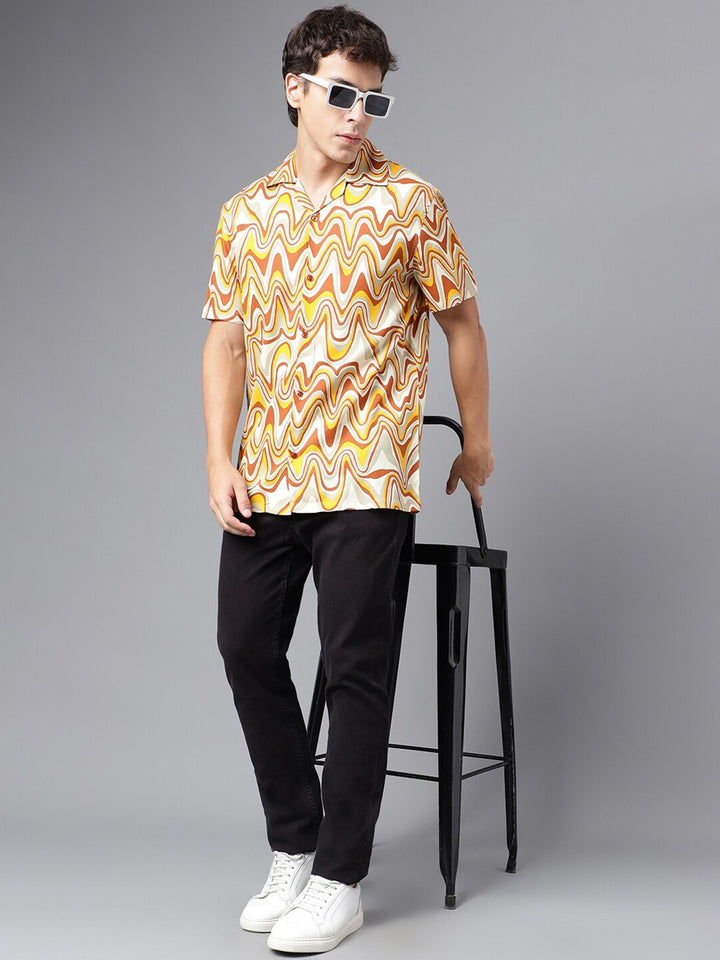Men Cream & Mustard Abstract Print Viscose Rayon Regular Fit Casual Resort Shirt