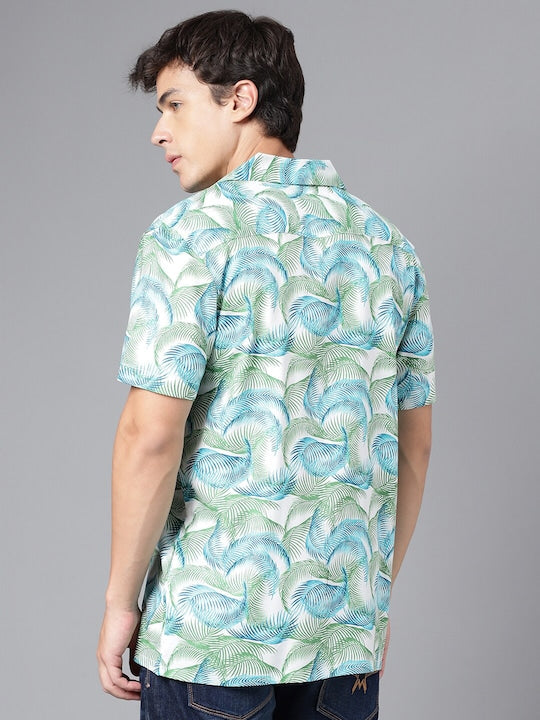 Men Blue & Green Floral Print Viscose Rayon Regular Fit Casual Resort Shirt