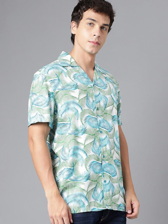 Men Blue & Green Floral Print Viscose Rayon Regular Fit Casual Resort Shirt