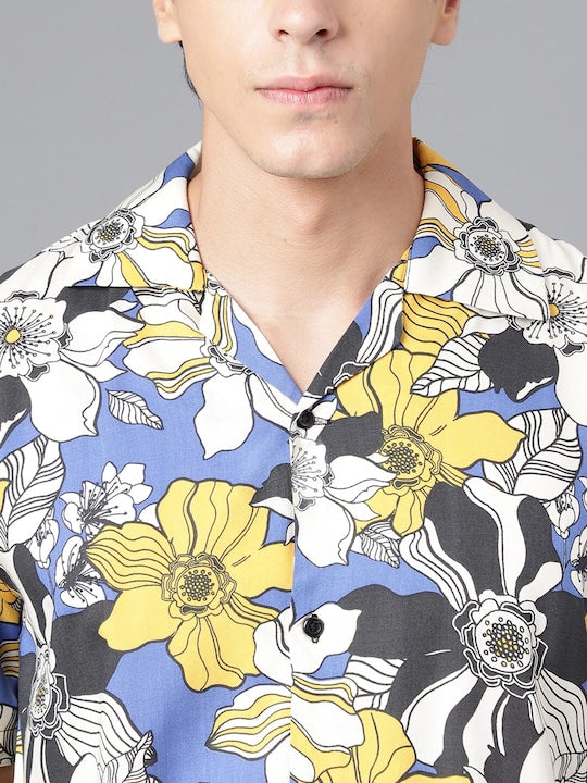 Men Mustard & Blue Floral Print Viscose Rayon Regular Fit Casual Resort Shirt