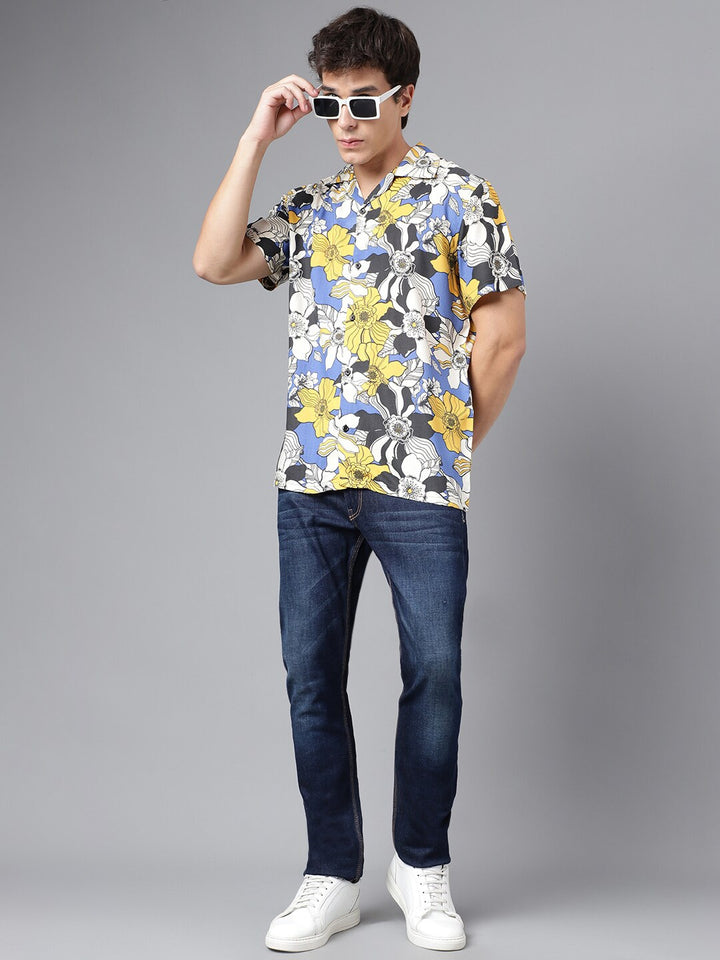 Men Mustard & Blue Floral Print Viscose Rayon Regular Fit Casual Resort Shirt