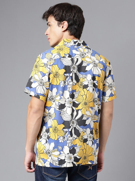 Men Mustard & Blue Floral Print Viscose Rayon Regular Fit Casual Resort Shirt