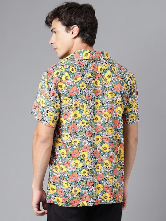 Men Yellow & Coral Floral Print Viscose Rayon Regular Fit Casual Resort Shirt