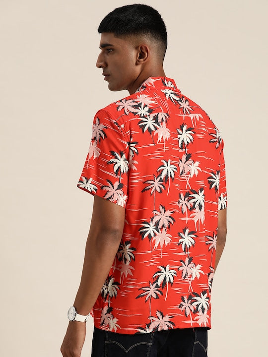 Men Red & White Floral Print Pure Cotton Cambric Regular Fit Casual Resort Shirt