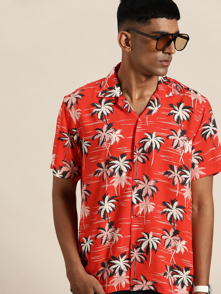 Men Red & White Floral Print Pure Cotton Cambric Regular Fit Casual Resort Shirt