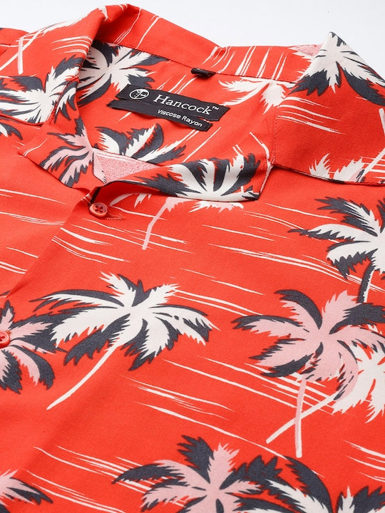 Men Red & White Floral Print Pure Cotton Cambric Regular Fit Casual Resort Shirt