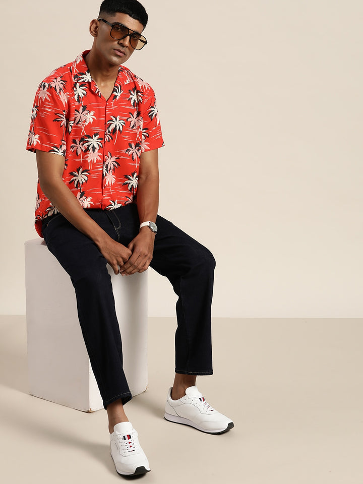 Men Red & White Floral Print Pure Cotton Cambric Regular Fit Casual Resort Shirt