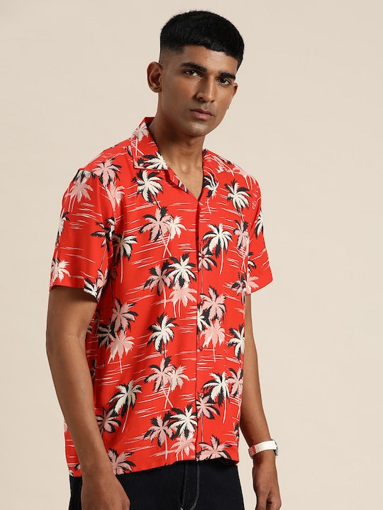 Men Red & White Floral Print Pure Cotton Cambric Regular Fit Casual Resort Shirt