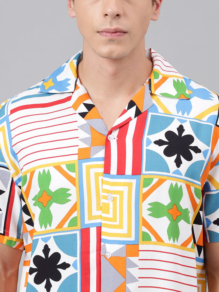Men White & Multi Geometric Printed Viscose Rayon Regular Fit Resort Shirt