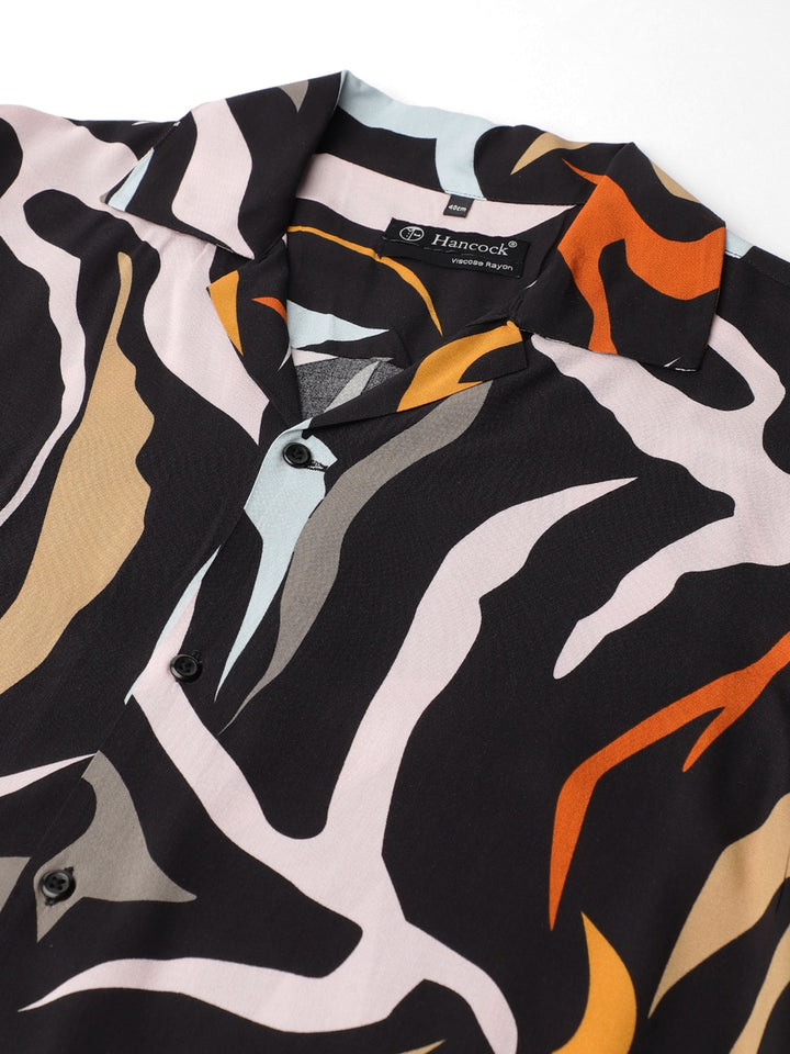 Men Black & Multi Abstract Printed Viscose Rayon Regular Fit Resort Shirt