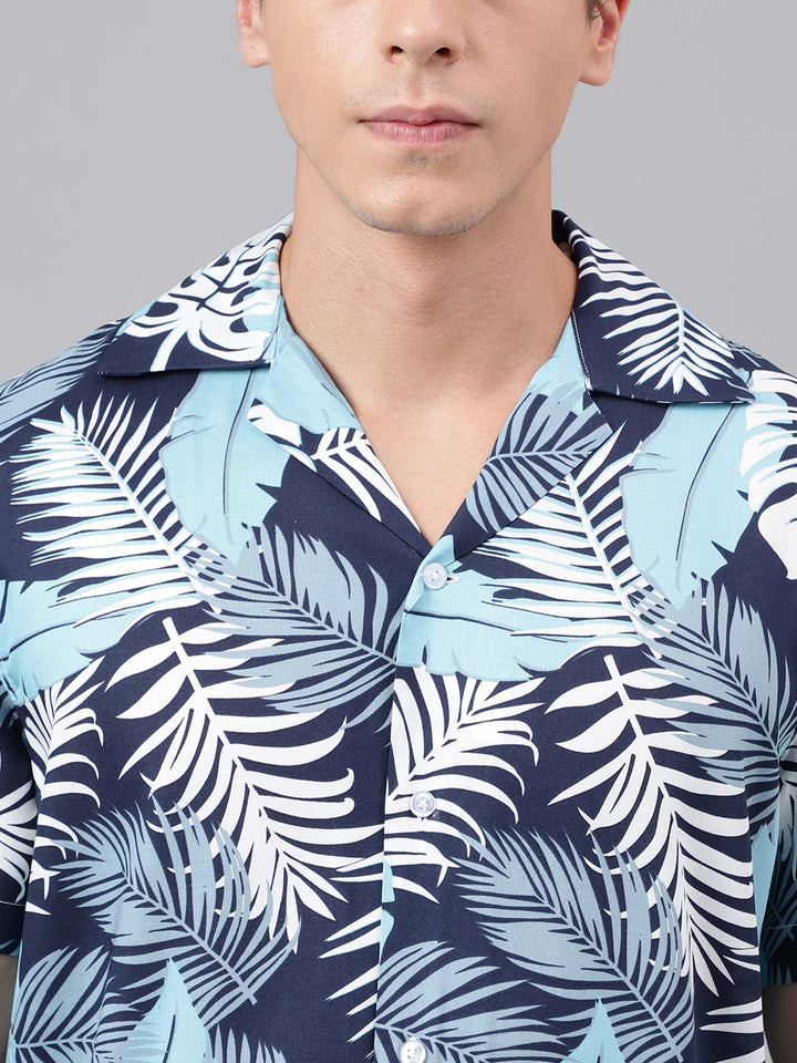 Men White & Blue Floral Printed Viscose Rayon Regular Fit Resort Shirt