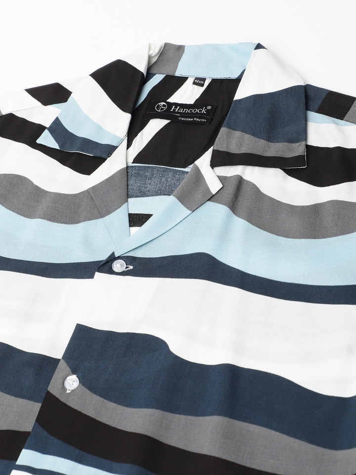 Men White & Sky Blue Abstract Printed Viscose Rayon Regular Fit Resort Shirt