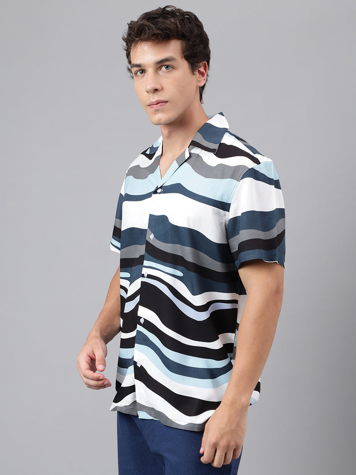 Men White & Sky Blue Abstract Printed Viscose Rayon Regular Fit Resort Shirt