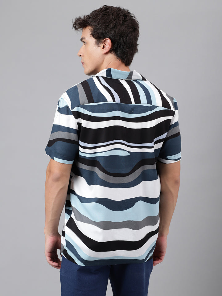 Men White & Sky Blue Abstract Printed Viscose Rayon Regular Fit Resort Shirt
